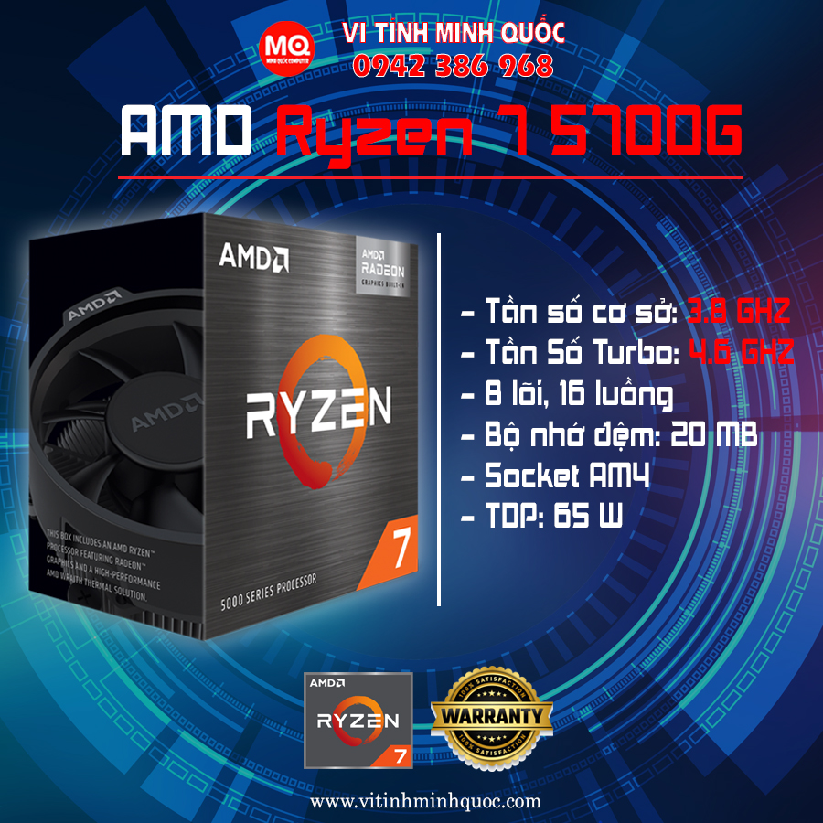 CPU AMD Ryzen 7 5700G (3.8GHz Upto 4.6GHz / 20MB / 8 Cores, 16 Threads / 65W / Socket AM4) BOX