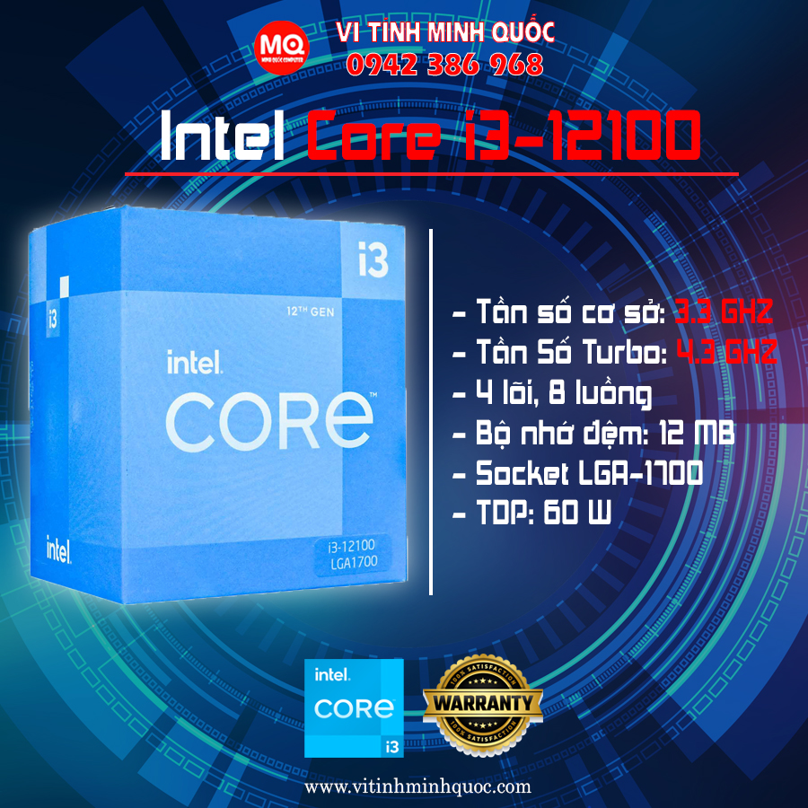 CPU Intel Core i3-12100 (3.3GHz turbo up to 4.3GHz, 4 nhân 8 luồng, 12MB Cache, 58W)