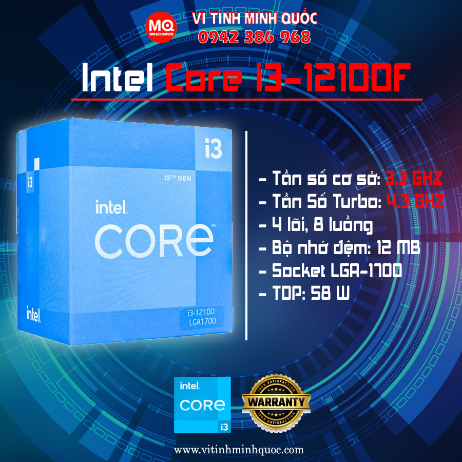 CPU Intel Core i3-12100F (3.3GHz turbo up to 4.3GHz, 4 nhân 8 luồng, 12MB Cache, 58W) TRAY