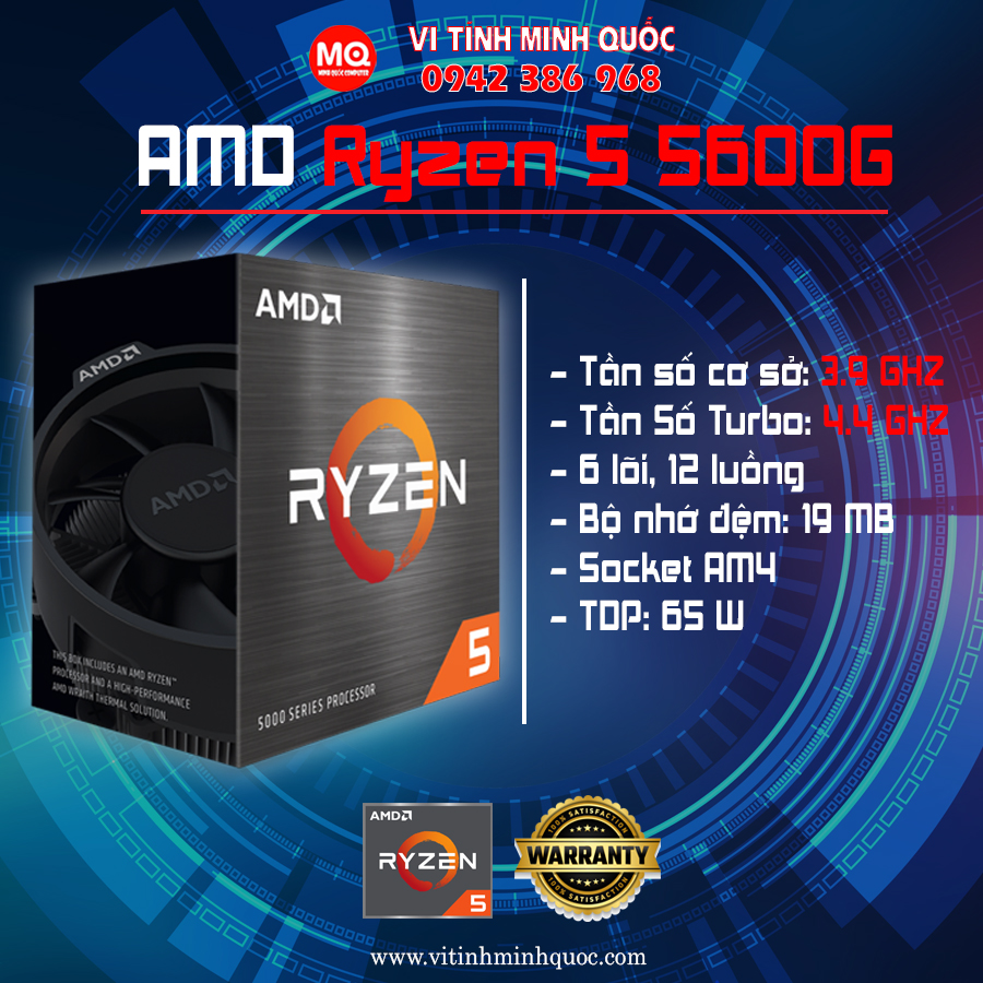 CPU AMD Ryzen 5 5600G (3.9GHz Upto 4.4GHz / 19MB / 6 Cores, 12 Threads / 65W / Socket AM4) BOX