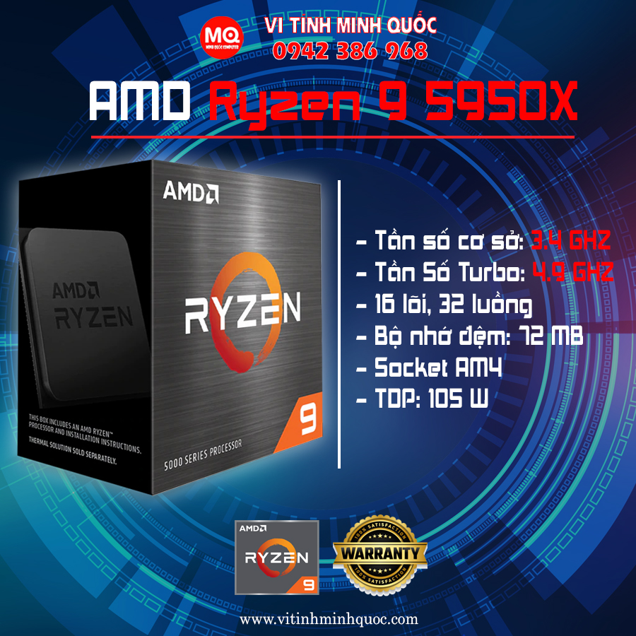 CPU AMD Ryzen 9 5950X (3.4 GHz Upto 4.9GHz / 72MB / 16 Cores, 32 Threads / 105W / Socket AM4) BOX