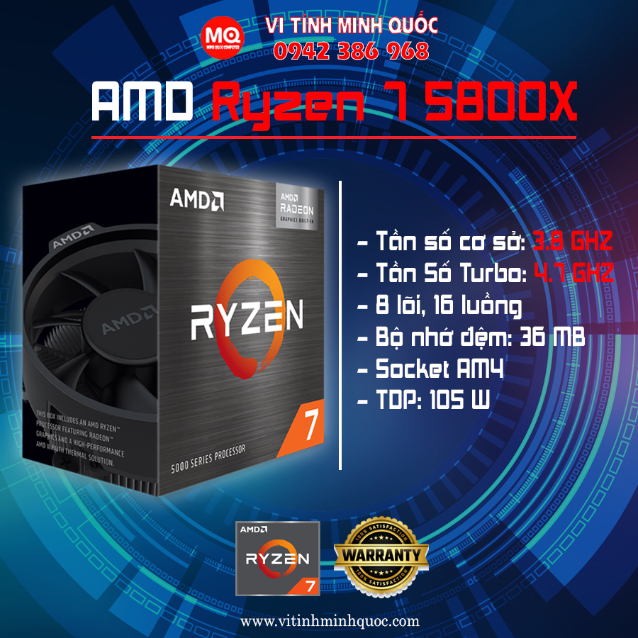 CPU AMD Ryzen 7 5800X (3.8 GHz Upto 4.7GHz / 36MB / 8 Cores, 16 Threads / 105W / Socket AM4) BOX